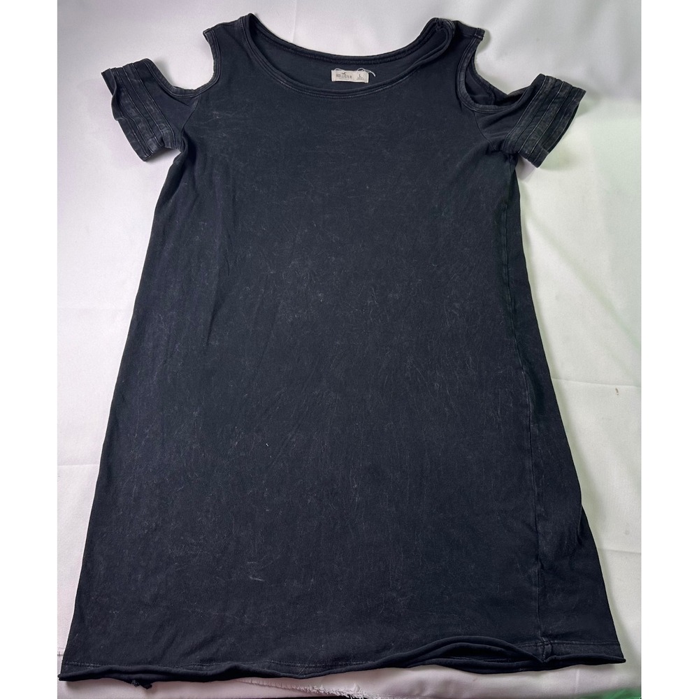 Hollister Women Large Black Cold Shoulder T-Shirt Dress Mineral Wash Cotton Mini